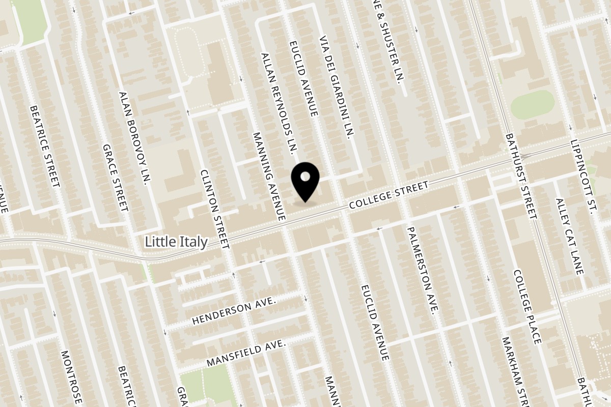Map showing the location of Aangan Toronto on 556 College Street in Toronto